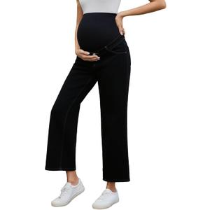 Ecavus Women's Maternity Jeans Over Belly Wide Leg Comfy Stretch Denim Pants with Pockets, Large, Black Regular