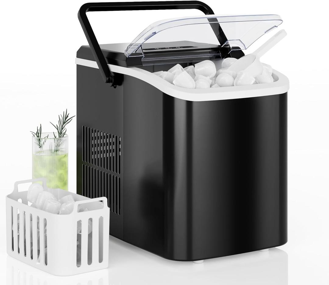 DUMOS Countertop Ice Maker with Handle, 26lbs/24H Portable Ice Machine, 9 Bullet Ice Cubes Ready in 6 Mins, Self-Cleaning, Quiet Compact Ice Maker for Home, Kitchen, RV, Camping, Black (26.5Lbs/24H)