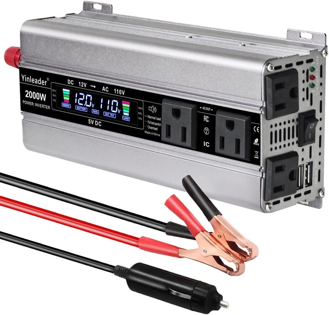 Yinleader 1000W Car Power Inverters,12v DC to 110v AC Converter 2000W Peak Car Outlet Adapter with 4 AC Outlets and Dual 3.1A USB Ports, LCD Display for Car, RV, Camping, Road Trip
