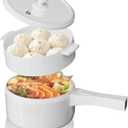 1.5L Electric Hot Pot with Steamer, Ceramic Non-Stick, Portable Travel Cooker for Ramen/Steak/Fried Rice/Soup/Egg with Dual Power Control