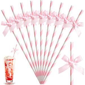 50 Pcs Pink Bow Paper Straws Bulk Pink and White Disposable Striped Straws for Drinking, Pastel Theme Party Supplies for Birthday Wedding Bachelorette Baby Shower Cake Decor