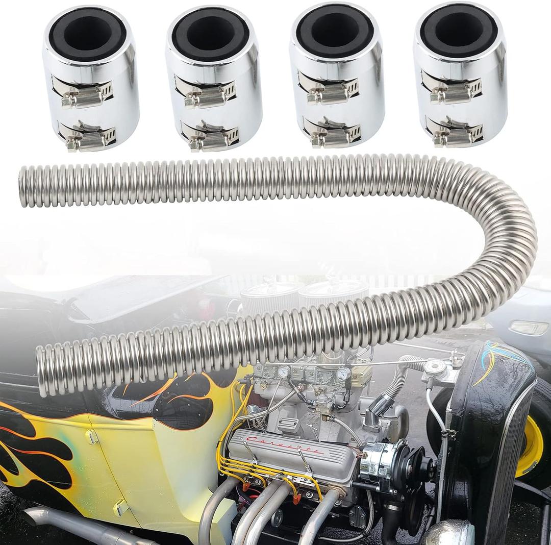 Universal 48" Flexible Radiator Hose Stainless Steel Universal Water Hoses Adapter Coolant Radiator Hose Kit Could be Used with 1-1/4", 1-1/2" or 1-5/8" Radiator Necks(Silver)
