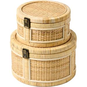 2PCS Rattan Storage Boxes with Lids Wooden Frame Decorative Natural Rattan Round Baskets Set Handmade Woven Wicker Keepsake Memory Jewelry Box Bin Boho Cane Desktop Organizer Container
