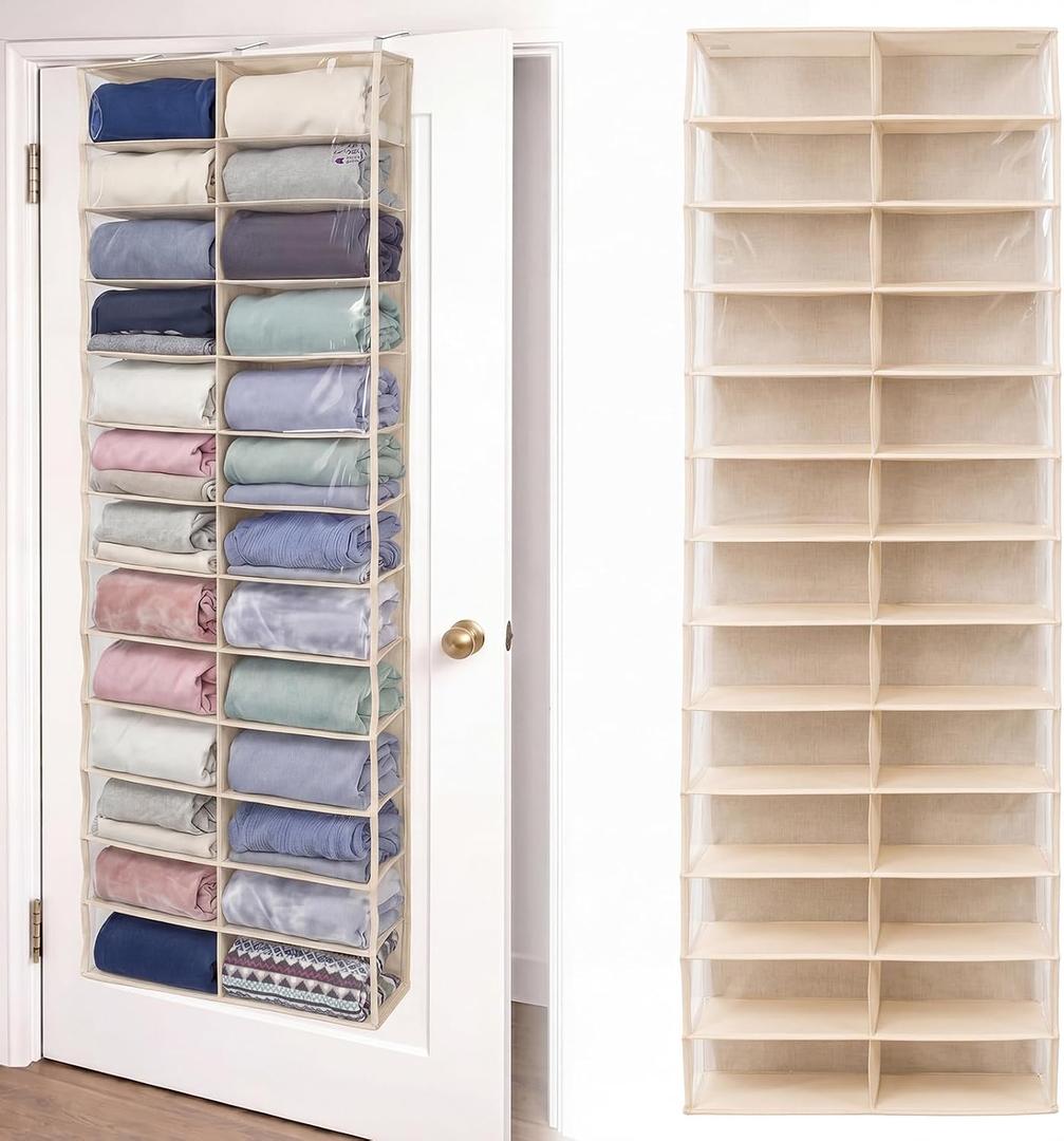 Over The Door Hoodie Organizer 26 Clear Pocket Sweatshirt Organizer with 3 Hooks Hanging Sweatshirt Hoodie Rack Holder Cabinet Behind The Doors for Dormitory Bedroom Closet Storage(Beige), 62.99 x 6.3 x 22.05 inches