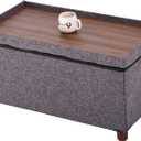 30 Inches Storage Ottoman Bench, Rect Grey, Modern, Classic Style, Linen Fabric, Walnut Wood Legs