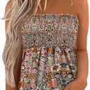 Floral Smocked Ruffled Strapless Bandeau Tank Women Summer Backless Tube Top Sleeveless Loose Holiday Shirts Blouse (Small)