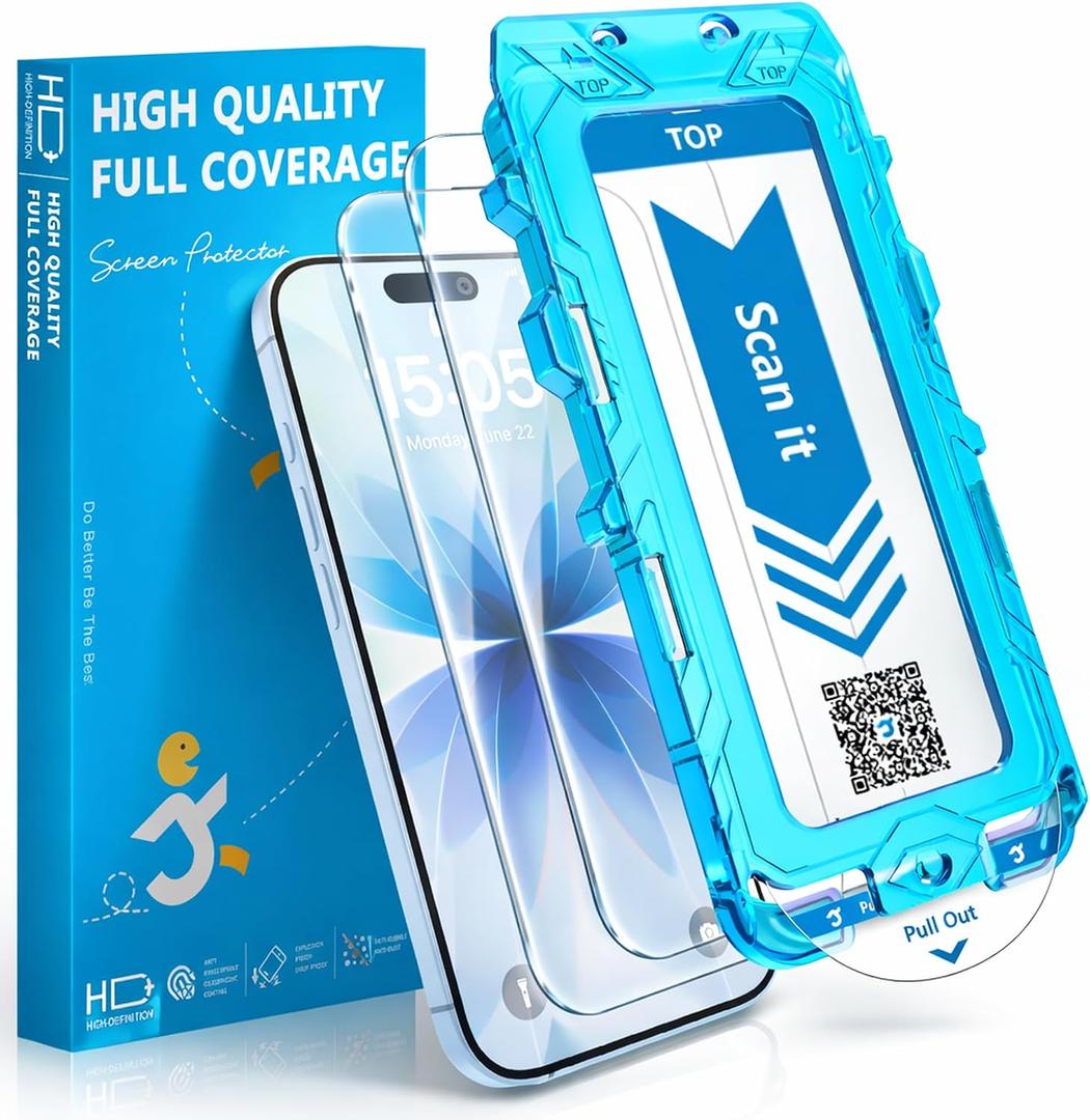 JZG 2 Pack Screen Protector for iPhone 17 [6.3 Inch], Tempered Glass with Auto-Alignment Dust-Free Install Tray, 9H Hardness, Case Friendly, HD Clear Anti-Scratch Film - Easy 1-Pull Installation