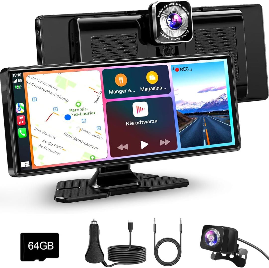 10.26 Carplay Screen for Car, HD IPS Wireless Portable Touch Screen with 64GB TF Card  Supports Apple Carplay & Android Auto, Mirror Link/4K Dash Cam/1080P Rear Camera/BT/FM/Voice Control