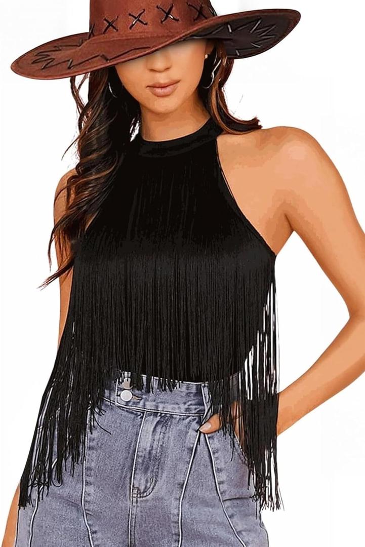 Ella Lust Women Western Fringe Bodysuit - Cowgirl Country Concert Outfit Boho Tassel Hem High Cut Skinny Festival Tank Top (X-Small, Black)