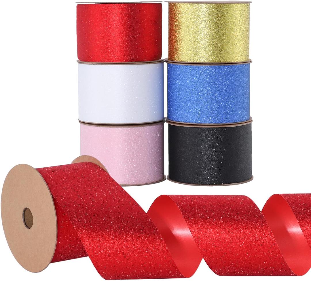 Glitter Solid Ribbon for Gift Wrapping Floral Bouquets Wedding Party Decoration Bows Gift Wrapping Floral Arrangement (Mixed Colors, 2inch x 25yards x 6pcs)