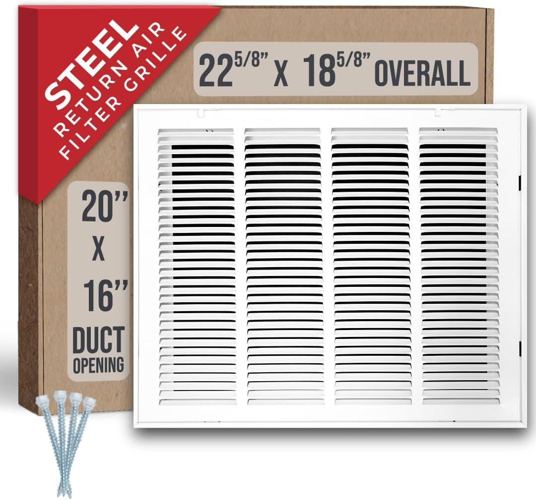 Fits 20x16 Duct Opening | Steel Return Air Filter Grille by Handua [Removable Door] for 1-inch Filters | Vent Cover Grill | White | HVAC Cold Air Intake Grille | Out Dim: 22 5/8"W X 18 5/8"H