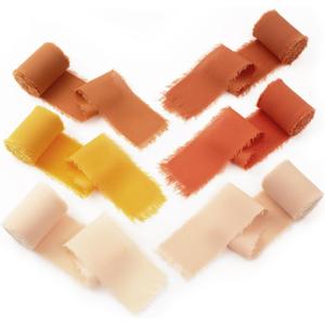 Chiffon Ribbon 6 Rolls Handmade Fringe Chiffon Silk 1.5" x 3Yard Burnt Orange Frayed Edges Boho Fabric for Gift Wrapping Wedding Invitations Bridal Bouquets DIY Craft