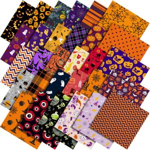 60 Pcs 10 x 10 Inch Halloween Fabric Polyester Fabric Bundle Fat Quarters Bat Pumpkin Ghost Skull Print Squares Holiday Quilting for DIY Decorations Sewing Craft, 30 Styles (Pumpkin)