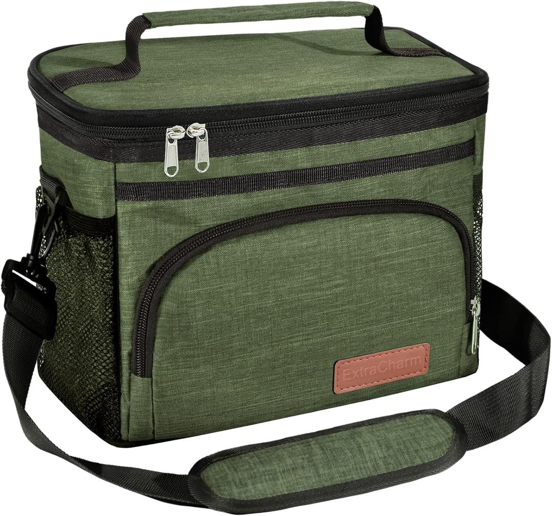 ExtraCharm Insulated Lunch Bag for Women/Men - Reusable Lunch Box for Office Picnic Hiking Beach - Leakproof Cooler Tote Bag Organizer with Adjustable Shoulder Strap for Adults - Green