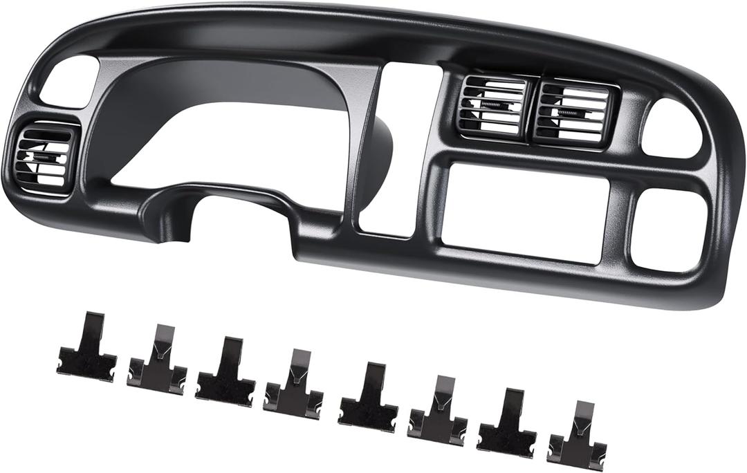 KUAFU Dashboard Bezel Cover w/Vents Compatible with 1998-2002 Dodge Ram Pickup 1500 2500 3500 Replacement for 5GK51DX9AA 5EU11DX9AB Instrument Bezel Panel Cluster Face Surround Bezel Black