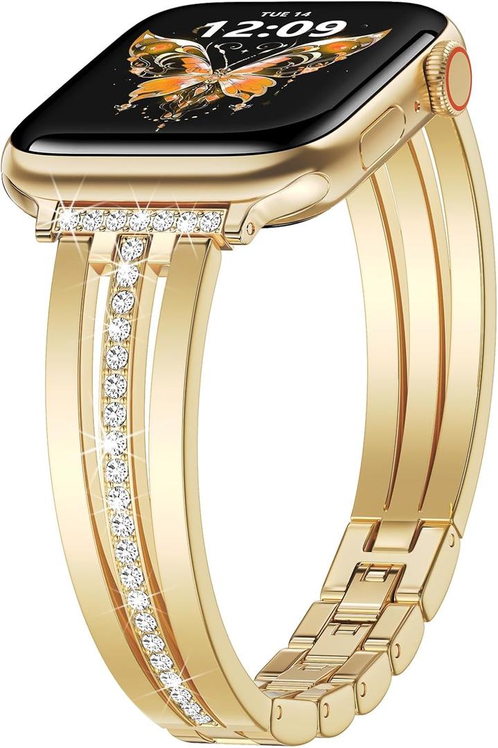 KOREDA Slim Gold Band Compatible for Apple Watch Band 38mm 40mm 41mm 42mm 44mm 45mm 46mm 49mm Series 11 10 9 8 7 SE Ultra Women, Thin Metal Dressy Jewelry Bracelet with Bling Diamond for iWatch Series 6/5/4/3/2/1