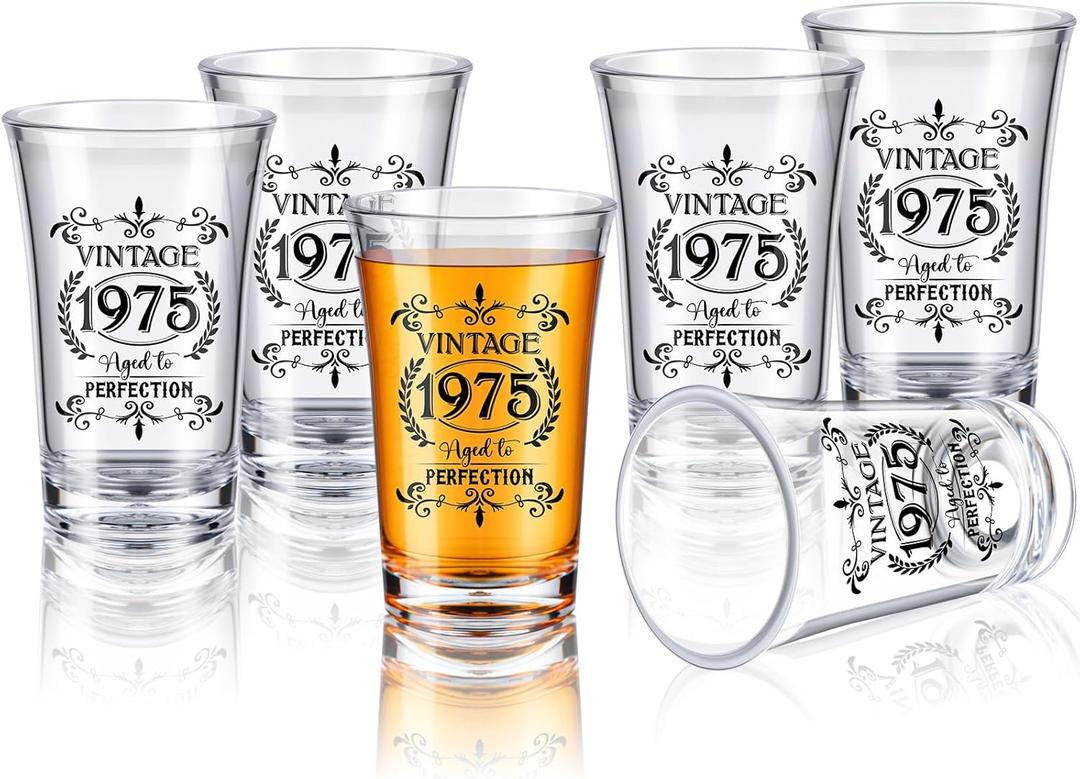 Sliner 48 Pack Birthday Shot Glasses Bulk, 1.4oz Plastic Vintage Birthday Party Favors for Guests, Mini Cheers 40/50/60 to Years Black Shot Glass, Birthday Decoration Gift (Vintage 1975)