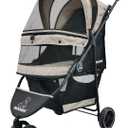 ROODO 3 Wheel Dog Pet Cat Stroller Best Lightweight Foldable Compact Portable Jogger All Terrain Travel Pet Gear Puppy Kitty Stroller for up to 30lbs Medium Small Dogs and Cats(Light Khaki)