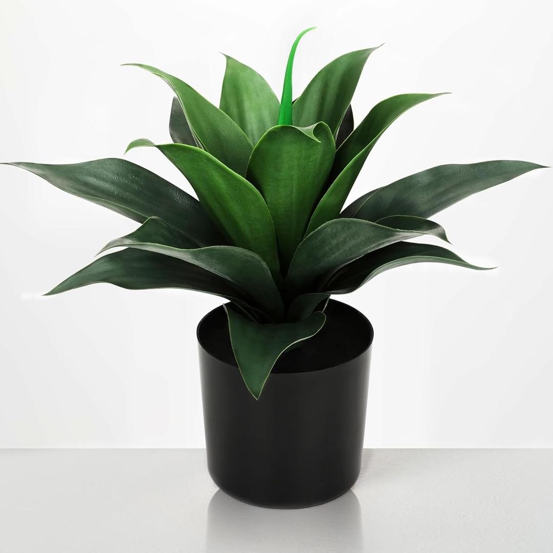 JUSTOYOU 14" Large Artificial Succulent Faux Agave Plant in Pot, Fake Potted Desk Plant Realistic Greenery Artificial Plants for Indoor Office Home Decor Bathroom Kitchen Shelf (Dark Green)