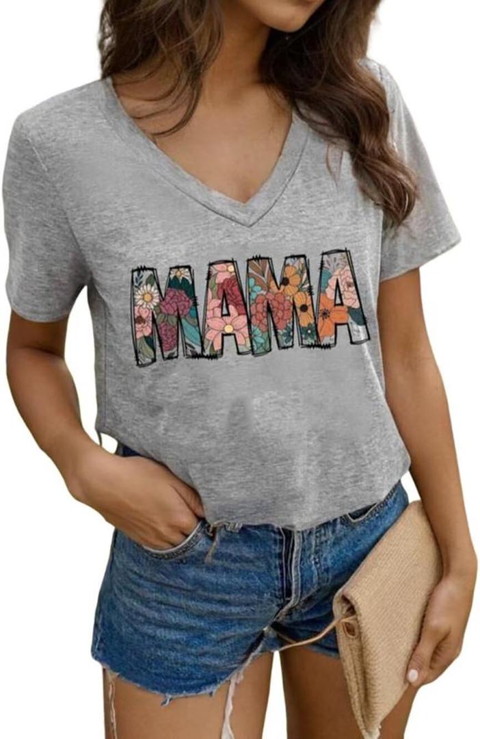 Floral Mama V Neck T-Shirt for Women Retro Mom Shirt Boho Spring Wild Flowers Graphic Short Sleeve Tops Mother's Day Tee (Gray, XXL)