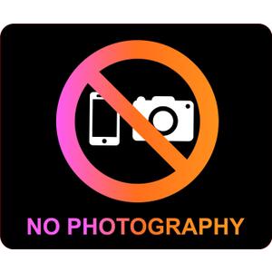 Black Self Adhesive "NO PHOTOGRAPHY" Sign - High Contrast Pink/Orange and White Icon - 120mm x 90mm Tough Plastic with Strong Adhesive Backing