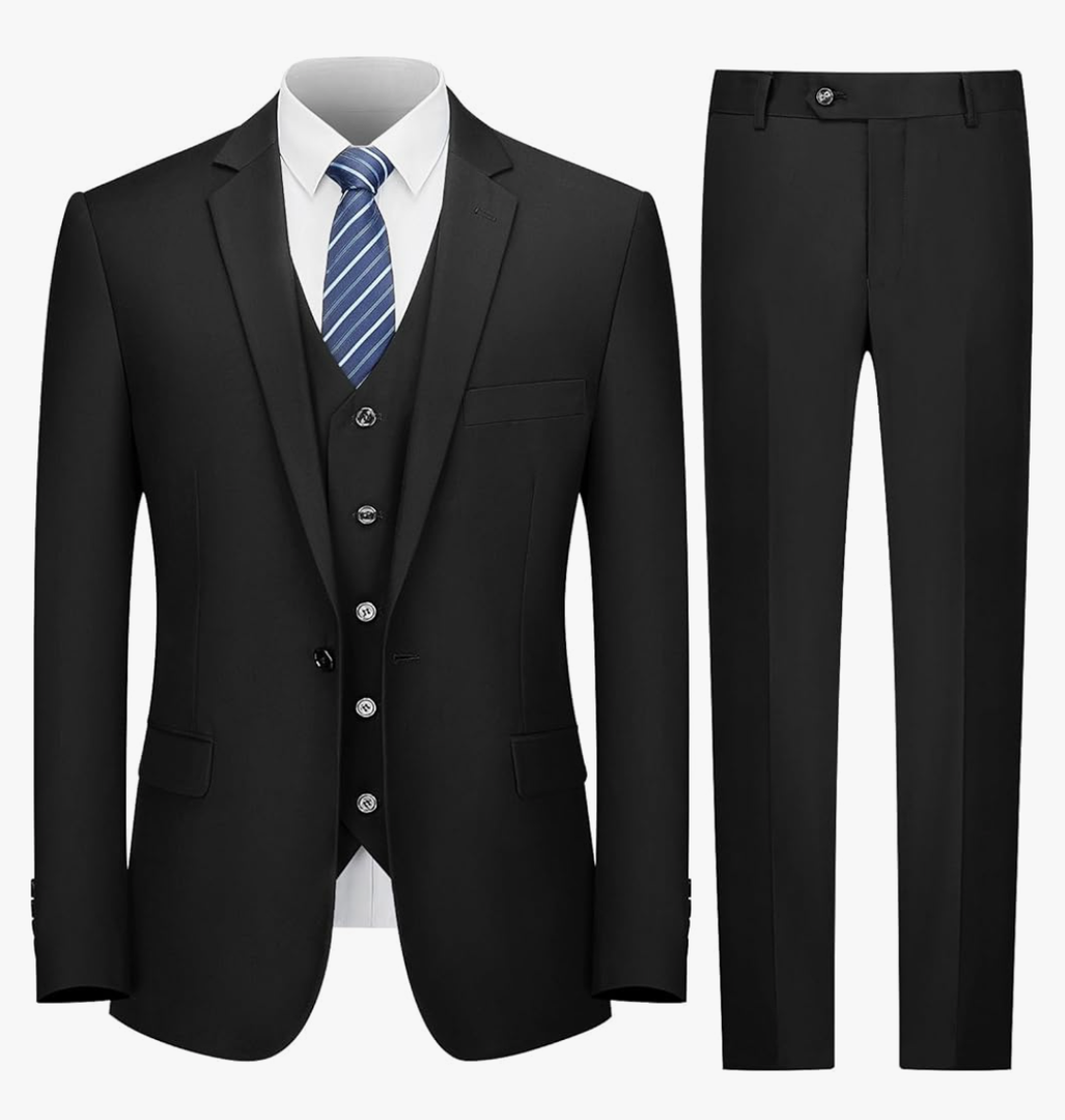 Cooper & Nelson Men's Suit Slim Fit, 3 Piece Suits for Men, One Button Solid Jacket Vest Pants with Tie, Tuxedo Set Size  40R/M