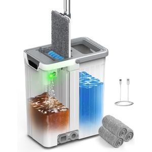 Mop and Bucket Set with AUTO Pump, 3-Zone Separate Dirty and Clean Water, Flat Mop and Bucket System with Wringer and Wheels, 3 Reusable Microfiber Pads, One-Touch Water Filling for Home Cleaning