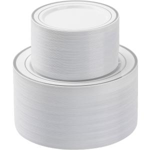 BESTSTAR 200PCS Silver Plastic Plates Set, 100 10.25 inch Dinner Plates and 100 7.5 inch Dessert Plates, Premium Disposable Plates for Party, Wedding