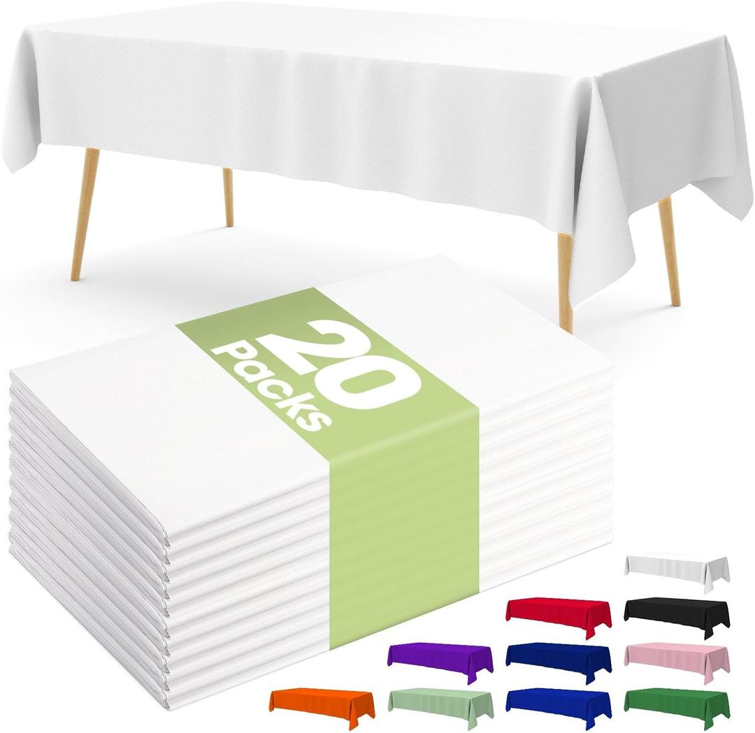 Pureegg Plastic Table Cloth Disposable 20 Pack, 54 x 108 Inch Table Cloths, Party, Picnic, Wedding, Decorative Tablecloths, Rectangle, White Plastic Cover, Leakproof & Sturdy, White