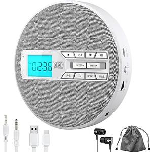 Mamazup CD Player Portable, Rechargeable Portable CD Player with Dual Speakers and Anti-Skip, CD, USB, AUX, LCD Display, Sensitive Button,5 EQ, AB Repeat,10 Speeds for Home Car Fabric White