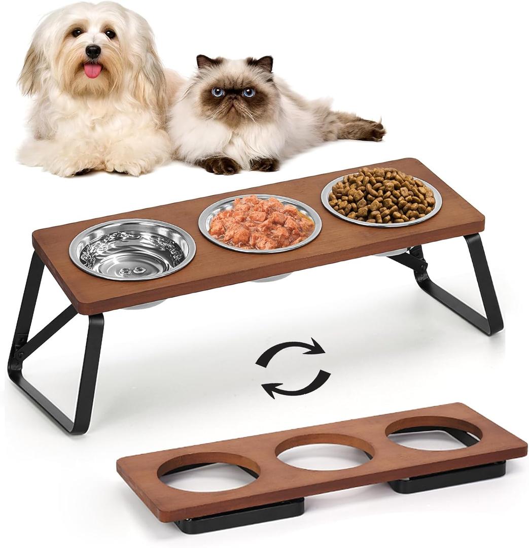 Elevated Cat Bowls, 10 Tilted Stand Anti Vomiting Raise Cat Bowl for Food and Water, 3 Stainless Steel Bowls for Indoor Cats, Kitten and Puppy