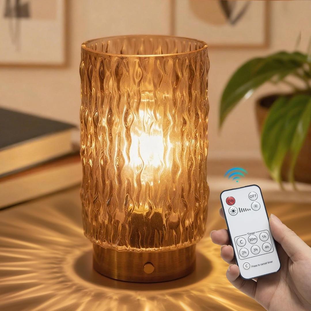 Rechargeable Battery Lamp with Remote Timer, Aesthetic Cordless Table Lamp Stepless Dimming Decorative Bedside Lamp for Accent Home Decor Entryway/Office/Shelf Amber