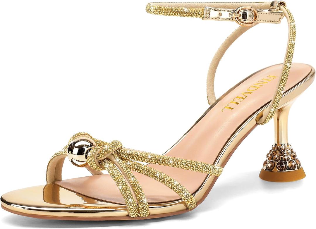 FINDVELL Women's Kitten Heels Rhinestone Pearl Low Heel Sandals Strappy Sparkly Round Open Toe Ankle Strap Wedding Party Dress Shoes, 8