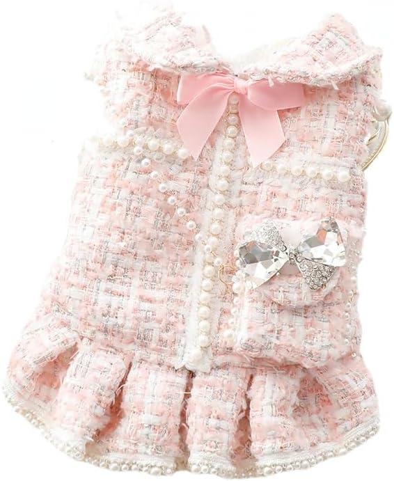 Dog Princess Dresses for Small Dogs Lolita Clothes Tweed Costume White Pet Girl Cute Coat Outfits Fall Costumes (M,Pink)