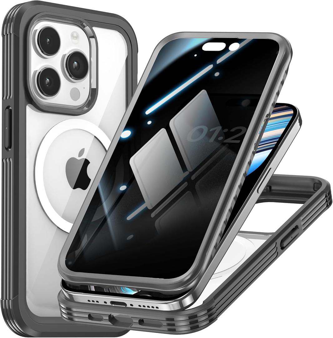 Magnetic Case for iPhone 15 Pro with Privacy Screen Protector [Military Grade Protection] [Compatible with MagSafe] Anti Peep Soft Edge Double Sided Tempered Glass Mag-Safe Shockproof Privacy Case (Black)