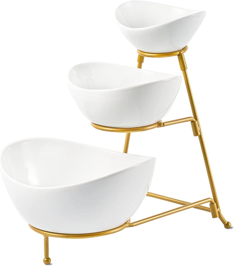 3 Tier Serving Bowls Set Tiered Serving Stand, Porcelain Oval Bowls with Collapsible Metal Stand for Entertaining, Party, Dessert Display, Candy, Chip and Dip (Gold)