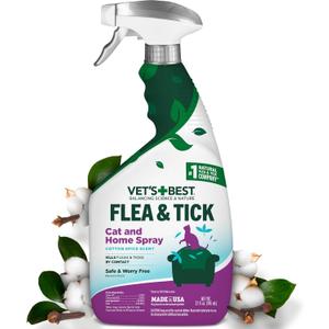 Vets Best Flea & Tick Home Spray for Cats  Plant-Based Flea and Tick Treatment with Cotton Spice Scent  Gentle Flea Mist for Indoor Use  Made in USA Natural Cat Flea Control  32 oz