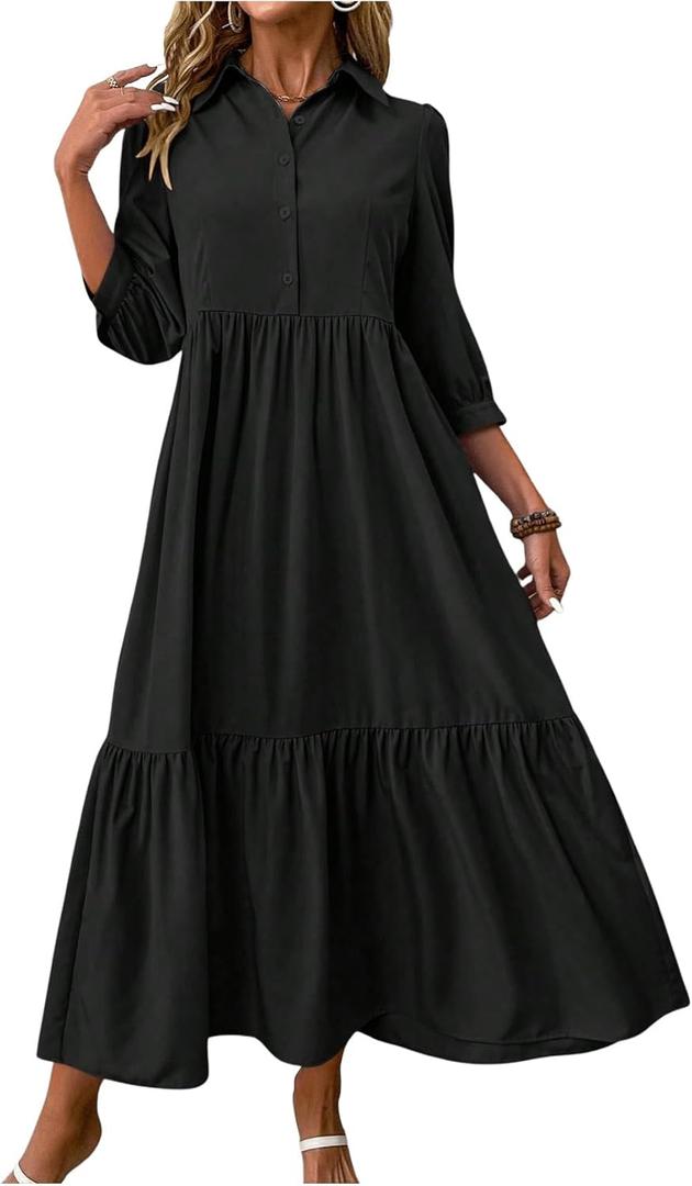 SOLY HUX Women's Half Button Collar 3/4 Sleeve Shirt Dress Ruffle Hem Casual Loose Long Dresses (Small, Plain Black)