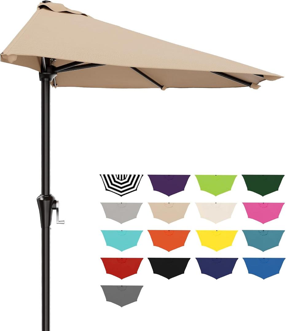 AreShark 9FT Half Patio Umbrella, Outdoor Wall Umbrella with Crank & 5 Sturdy Ribs, Table 1/2 Umbrella Patio for Garden, Deck, Balcony and Pool, Beige