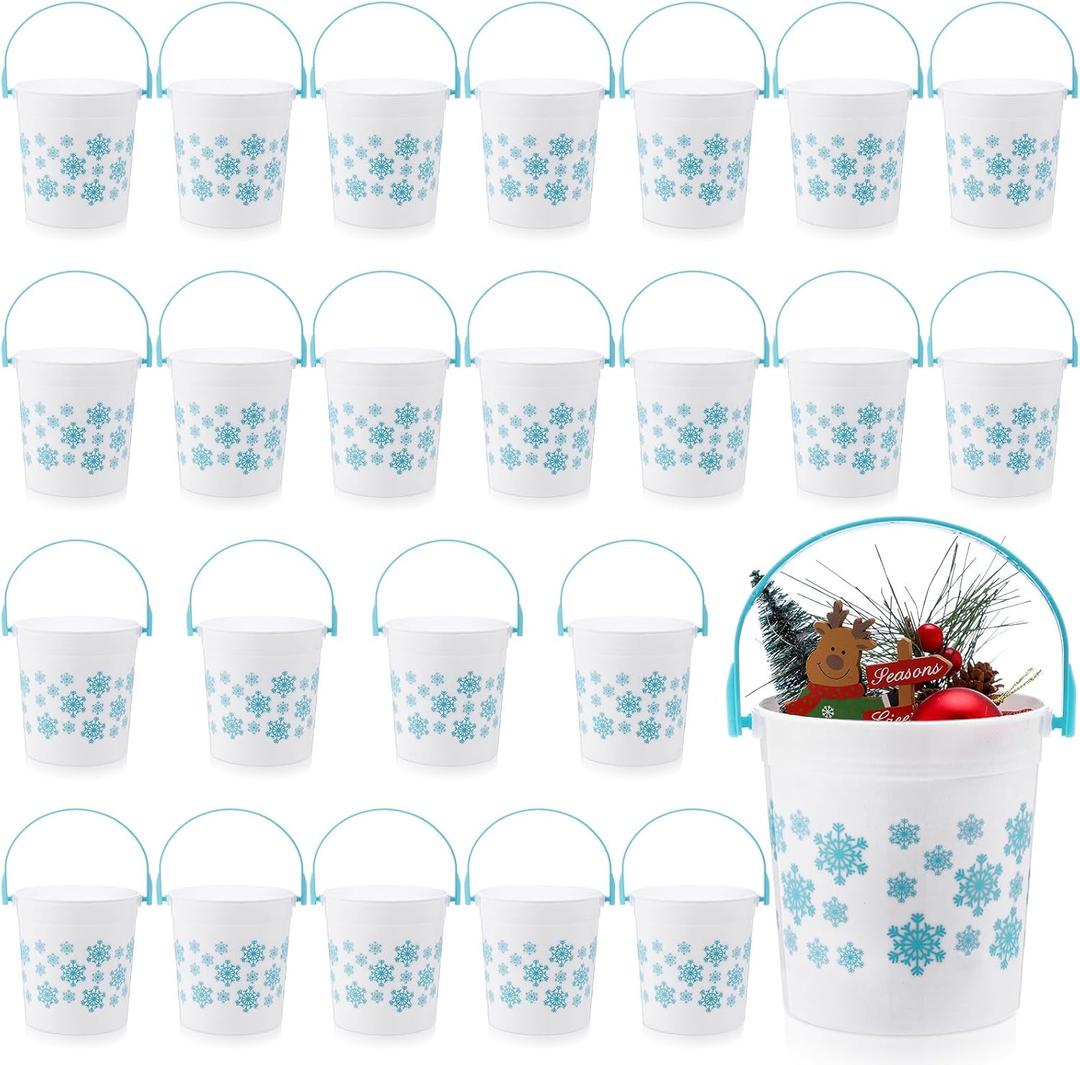 meekoo 24 Pcs Blue Snowflake Buckets with Handles Bulk 4.69 x 3.78 x 4.8 Inch Small Winter Holiday Buckets for Gifts Cute Candy Pails Holiday Storage Baskets for Winter Wonderland Party