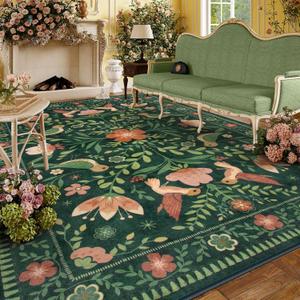 Moynesa Area Rugs 9x12 Green Vintage Home Decor, Modern Cottage Farmhouse Aesthetic Floral Bird Medallion Carpet for for Living Room Bedroom Dining Room,Non-Slip Washable Floor Protection