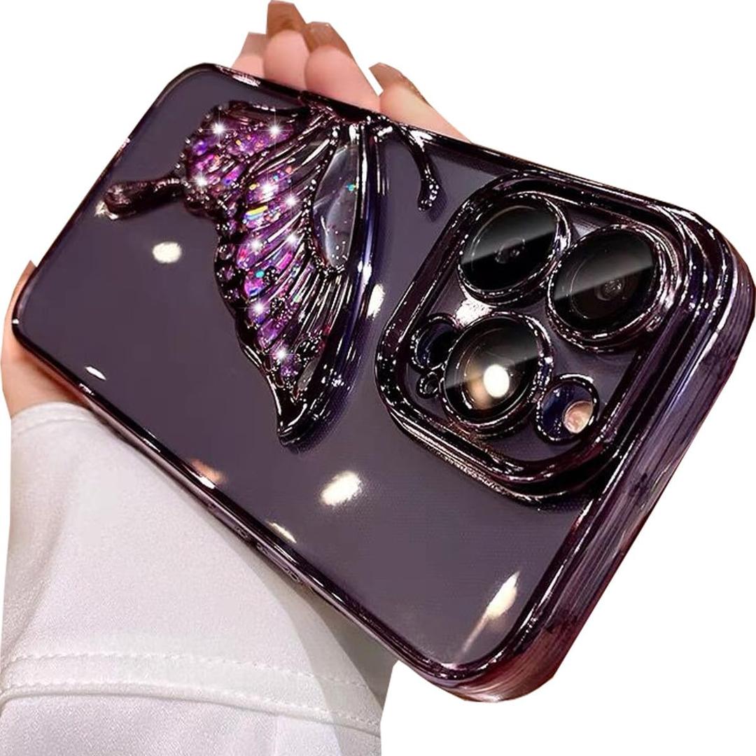 Glitter 3D Butterfly Case for iPhone 14 Pro Max, Cute Luxury Bling Sparkle Liquid Flowing Case with Camera Lens Protector Plating Bumper for Women and Girls (Purple)