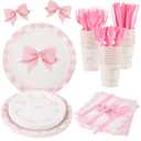 HOZYUANKJ Coquette Birthday Decorations,210 Pcs Pink Bow Party Plates Napkins Cups Forks Spoons Knives Tableware Sets for Girls Birthday Party Decor,Serves 30