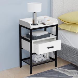 Nightstand, 3 Tier End Table with Drawer and Storage Shelf, Industrial Bedside Table with Adjustable Feet, Wooden Accent Furniture for Bedroom Living Room (1PCS, White)