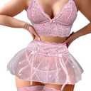 Foxiny Sexy Stocking Mini Skirt Wireless Mesh Lace Garter Lingerie with Thong Set 4 Pieces M