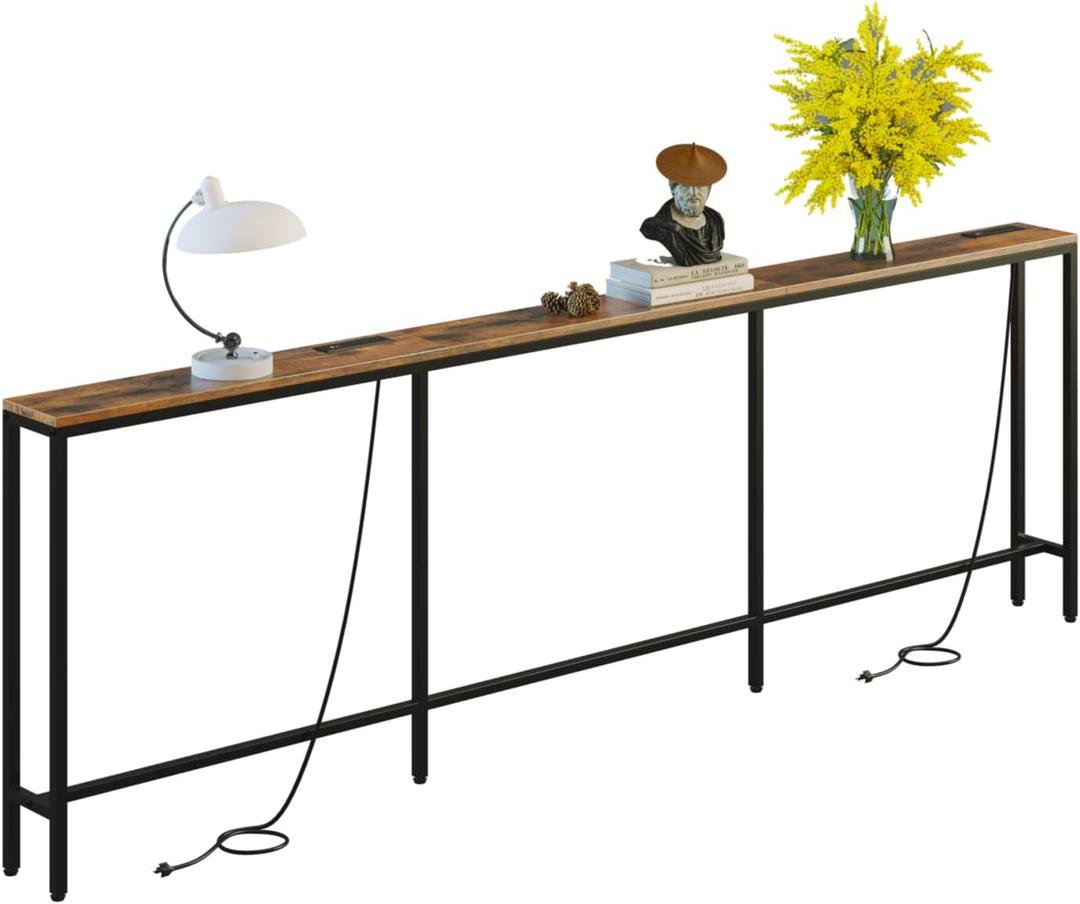 102" Behind Couch Table with Fast Charging Station, 7.1" Narrow Skinny Sofa Table with 4 Power Outlets, 4 USB APorts, 2 USB-C Ports for Console Entryway, Rustic Brown