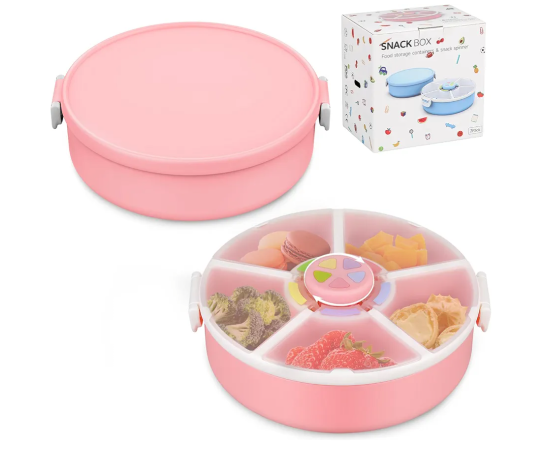 Snack Spinner Set for Kids –5 places-Includes Rotating Snack Container & Classic Sectioned Snack Box, BPA-Free, Dishwasher Safe, Perfect for Travel, Pink (1 Pack- Pink)