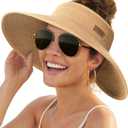 FURTALK Sun Hats for Women Wide Brim Beach Hat Straw Visor Ponytail Summer UV Packable Foldable Beach Vacation Essentials (Medium, Khaki)