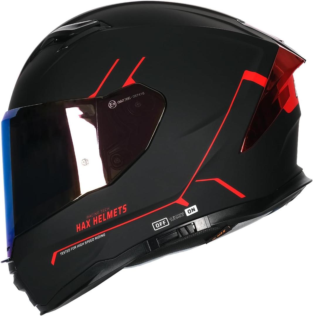 HAX Force Aerodynamic Full Face Helmet for Street & E-Bikes DOT & ECE Certified - Enhanced Dual Visor, Adult Size, Pinlock Ready Matte Black Red M (Black)