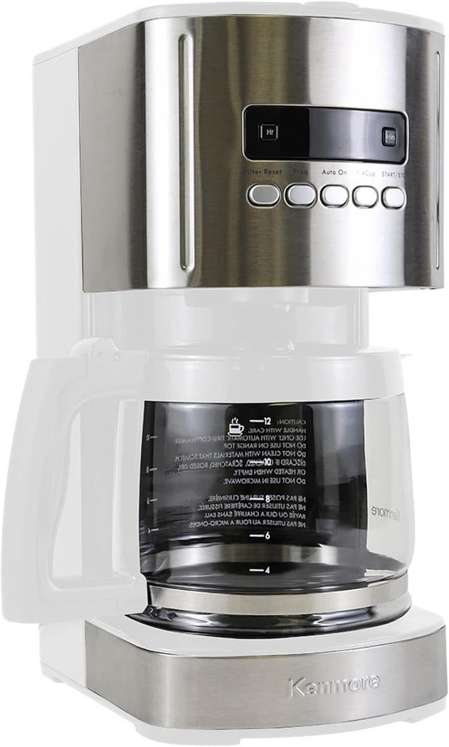 Kenmore drip Coffee Maker - 12 Cup programmable cafe machine with glass pot, regular & bold brew, auto shut off large water reservoir, reusable filter, kitchen appliances for cafeteria barista, White (EXP 01/30/27)